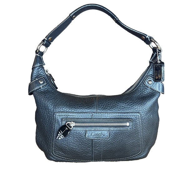 COACH Black Pebbled Leather Hobo Shoulder Bag Handbag Purse Zip Front Pocket - Picture 2 of 16